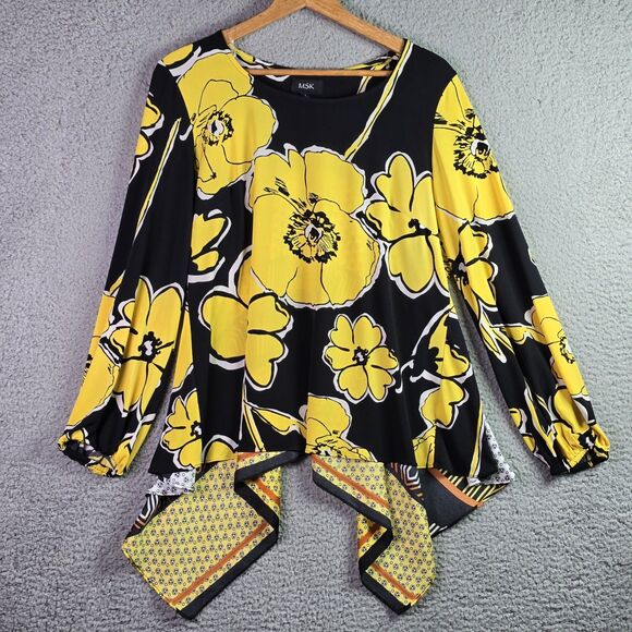 MSK Dopamine Tunic Roomy Yellow Floral Patchwork Jersey High Low Statement Flowy - Picture 15 of 16